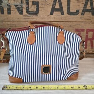 Dooney & Bourke Navy and White Striped Satchel with Tan Trim